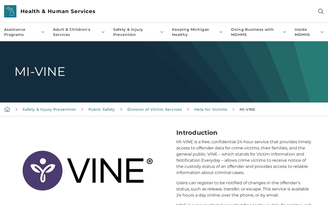 Michigan MI-VINE overview for an Arenac County inmate release check